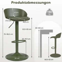 Barhocker 2er Set 360° Drehbarer Barstuhl Höhenverstellbar 150 kg Belastbar 42 x 42 x 75-96,5 cm Grün