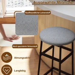 Barhocker 2er Set Runder Barstuhl aus Leinen mit Fußstütze Küchenstuhl mit Metallrahmen Grau