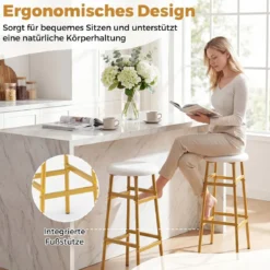 Barhocker 2er Set Runder Barstuhl aus Leinen mit Fußstütze Küchenstuhl mit Metallrahmen Weiß