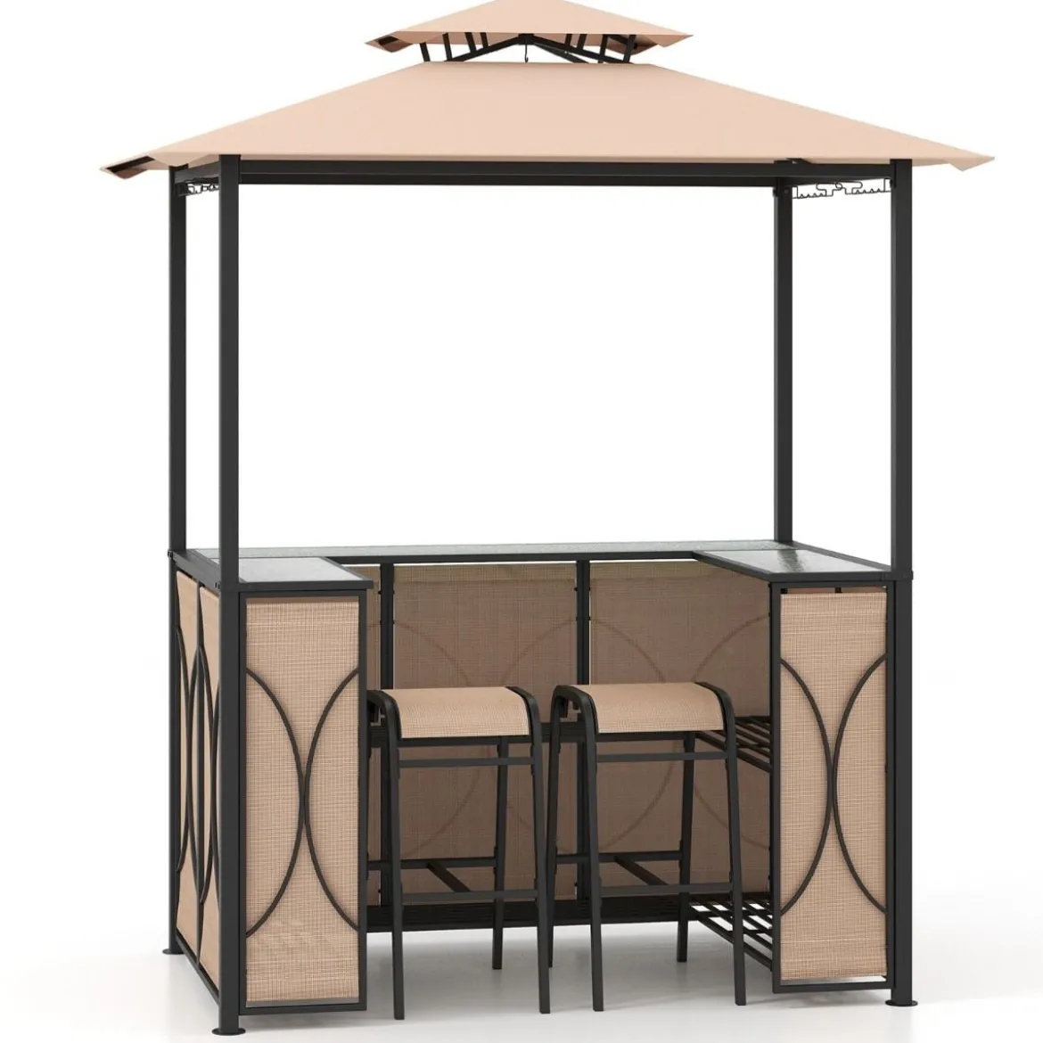 Bartisch mit 2 Barhocker Gartenbar Set mit Metallregalen & Glashalter Grillpavillon mit Doppeldach