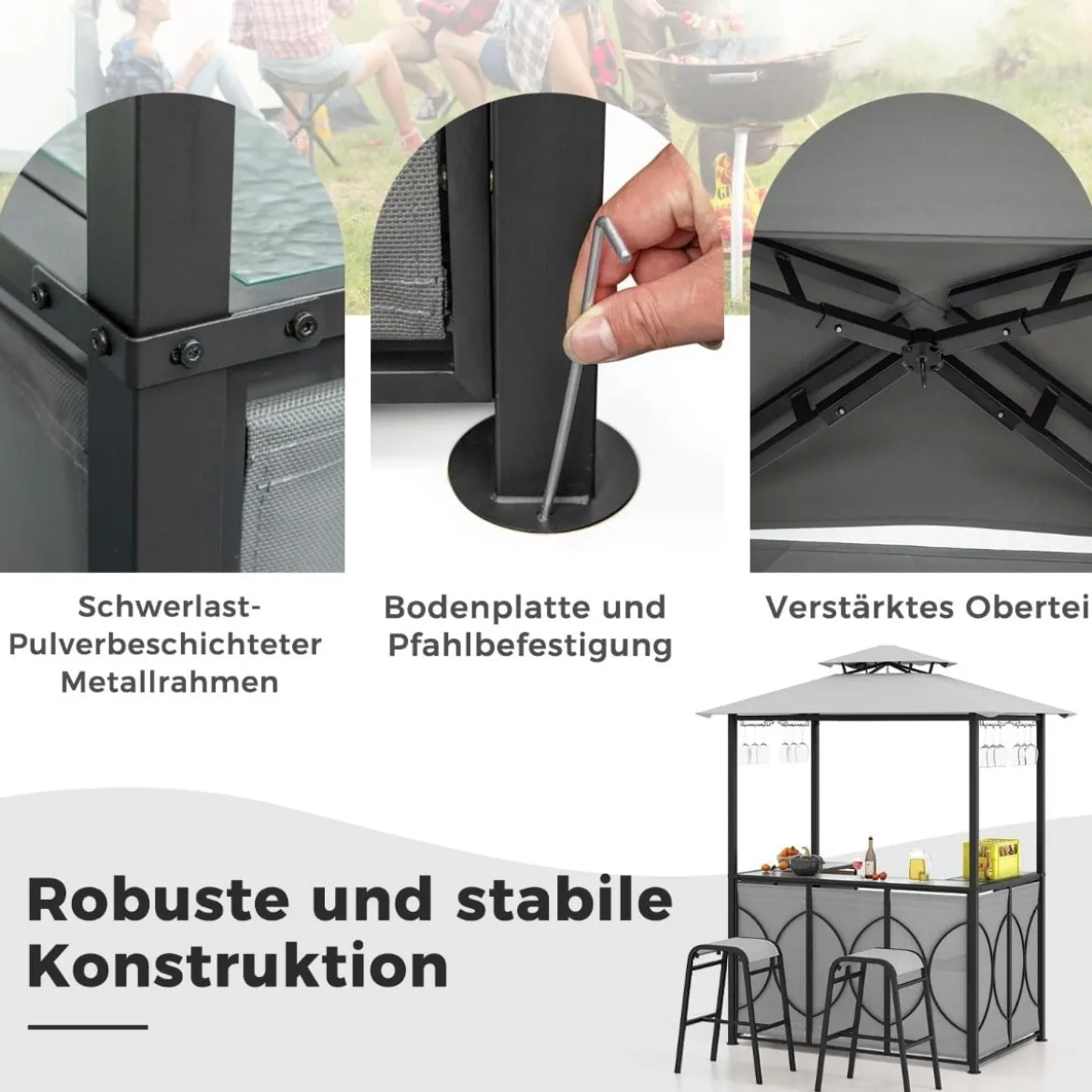Bartisch mit 2 Barhocker Gartenbar Set mit Metallregalen & Glashalter Grillpavillon mit Doppeldach