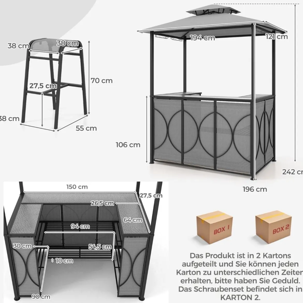 Bartisch mit 2 Barhocker Gartenbar Set mit Metallregalen & Glashalter Grillpavillon mit Doppeldach