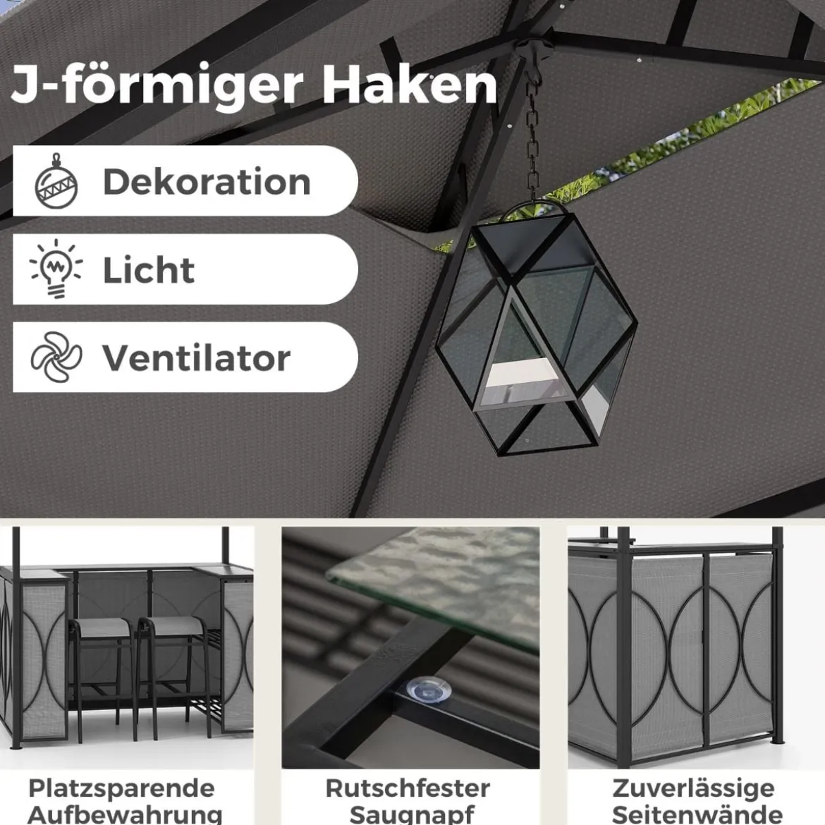 Bartisch mit 2 Barhocker Gartenbar Set mit Metallregalen & Glashalter Grillpavillon mit Doppeldach