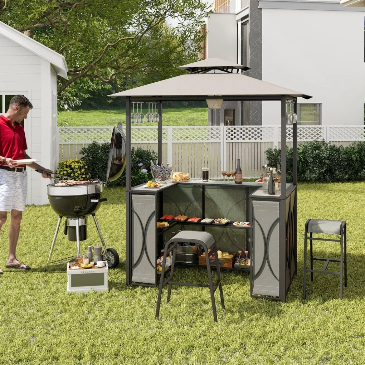 Bartisch mit 2 Barhocker Gartenbar Set mit Metallregalen & Glashalter Grillpavillon mit Doppeldach