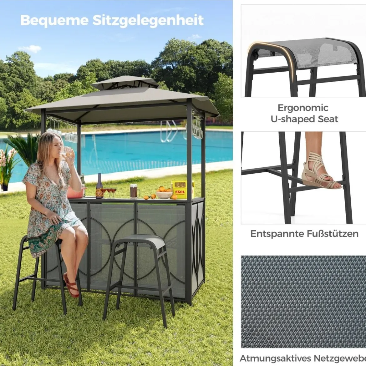 Bartisch mit 2 Barhocker Gartenbar Set mit Metallregalen & Glashalter Grillpavillon mit Doppeldach