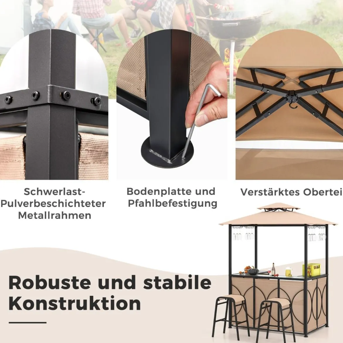 Bartisch mit 2 Barhocker Gartenbar Set mit Metallregalen & Glashalter Grillpavillon mit Doppeldach