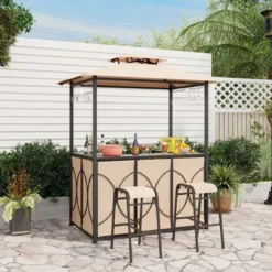 Bartisch mit 2 Barhocker Gartenbar Set mit Metallregalen & Glashalter Grillpavillon mit Doppeldach
