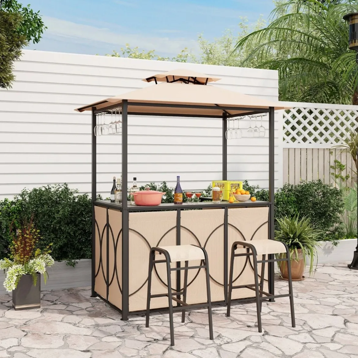 Bartisch mit 2 Barhocker Gartenbar Set mit Metallregalen & Glashalter Grillpavillon mit Doppeldach