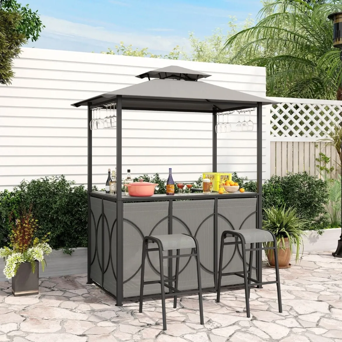 Bartisch mit 2 Barhocker Gartenbar Set mit Metallregalen & Glashalter Grillpavillon mit Doppeldach