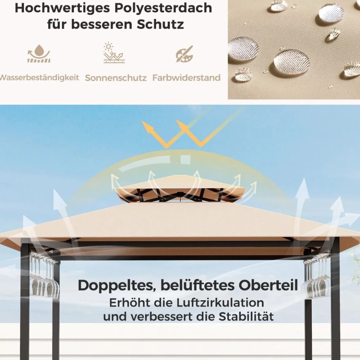 Bartisch mit 2 Barhocker Gartenbar Set mit Metallregalen & Glashalter Grillpavillon mit Doppeldach