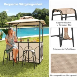 Bartisch mit 2 Barhocker Gartenbar Set mit Metallregalen & Glashalter Grillpavillon mit Doppeldach