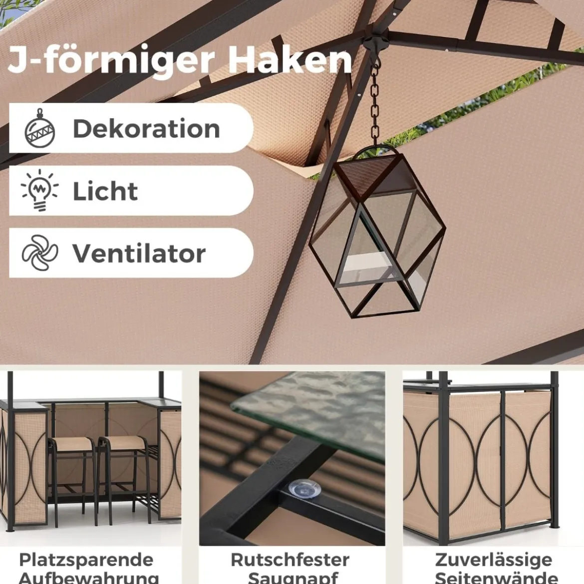 Bartisch mit 2 Barhocker Gartenbar Set mit Metallregalen & Glashalter Grillpavillon mit Doppeldach