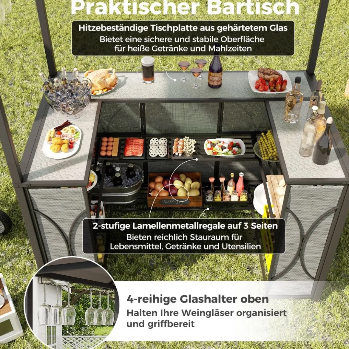 Bartisch mit 2 Barhocker Gartenbar Set mit Metallregalen & Glashalter Grillpavillon mit Doppeldach