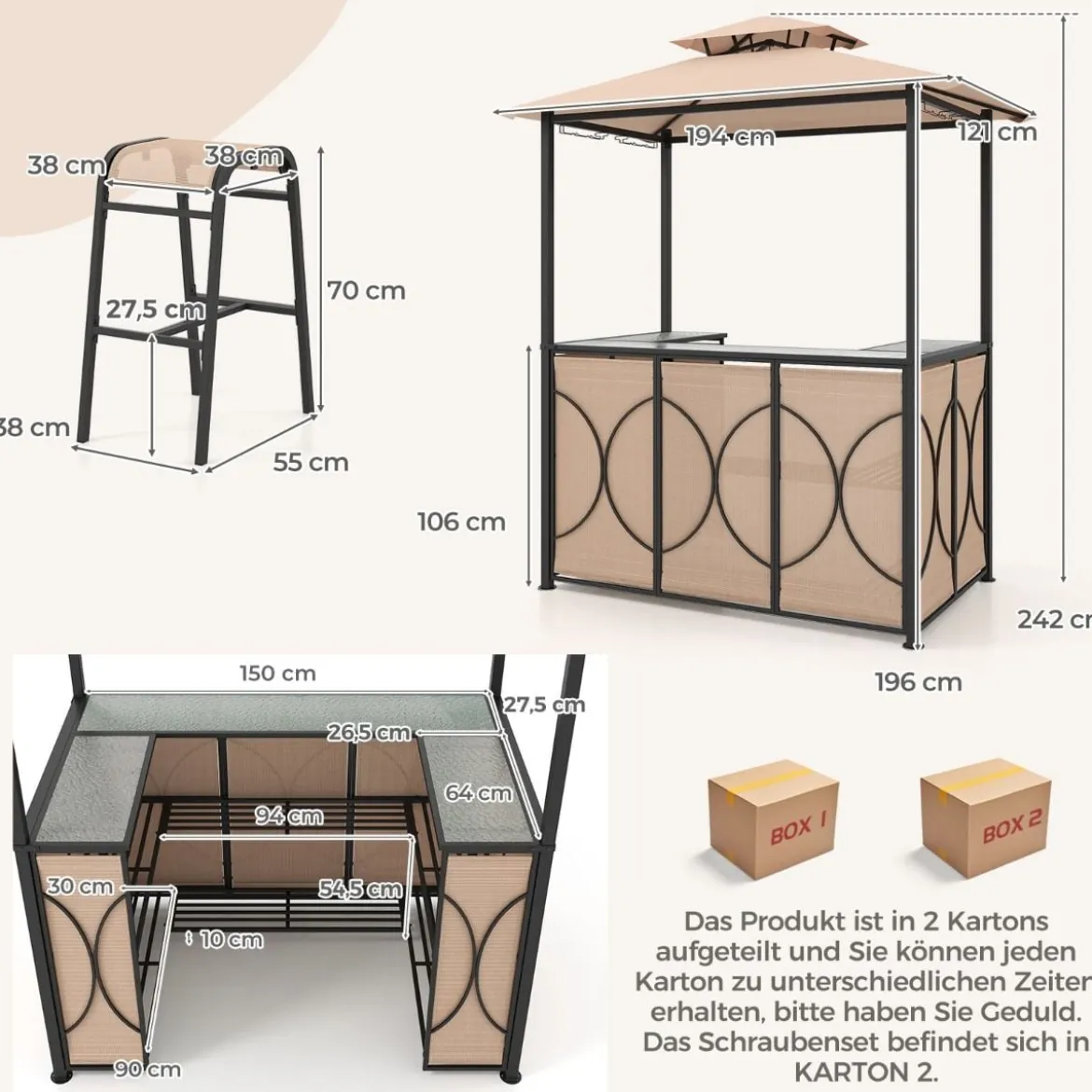Bartisch mit 2 Barhocker Gartenbar Set mit Metallregalen & Glashalter Grillpavillon mit Doppeldach