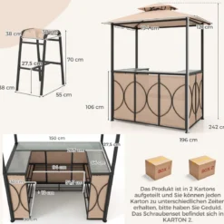 Bartisch mit 2 Barhocker Gartenbar Set mit Metallregalen & Glashalter Grillpavillon mit Doppeldach
