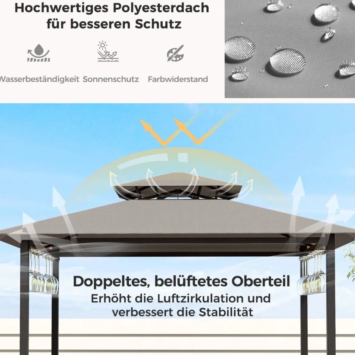 Bartisch mit 2 Barhocker Gartenbar Set mit Metallregalen & Glashalter Grillpavillon mit Doppeldach