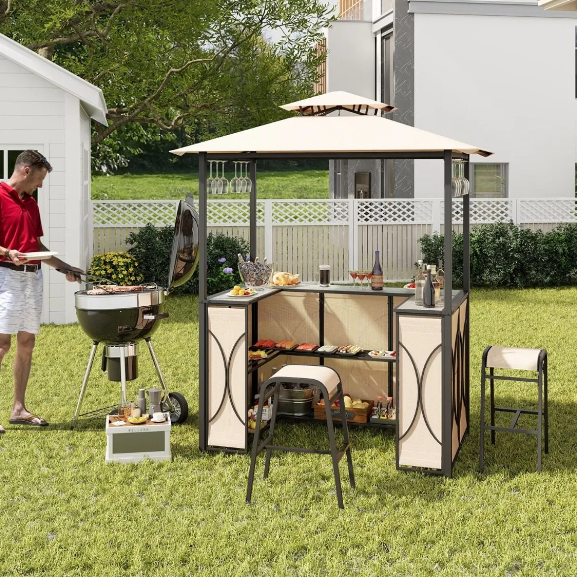 Bartisch mit 2 Barhocker Gartenbar Set mit Metallregalen & Glashalter Grillpavillon mit Doppeldach