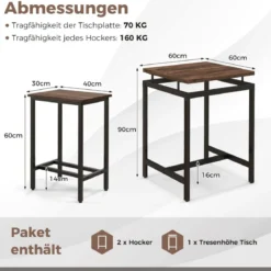 Bartisch mit Barhocker Set Küchentisch in Thekenhöhe Esstisch mit 2 Stühlen Rustikales Braun