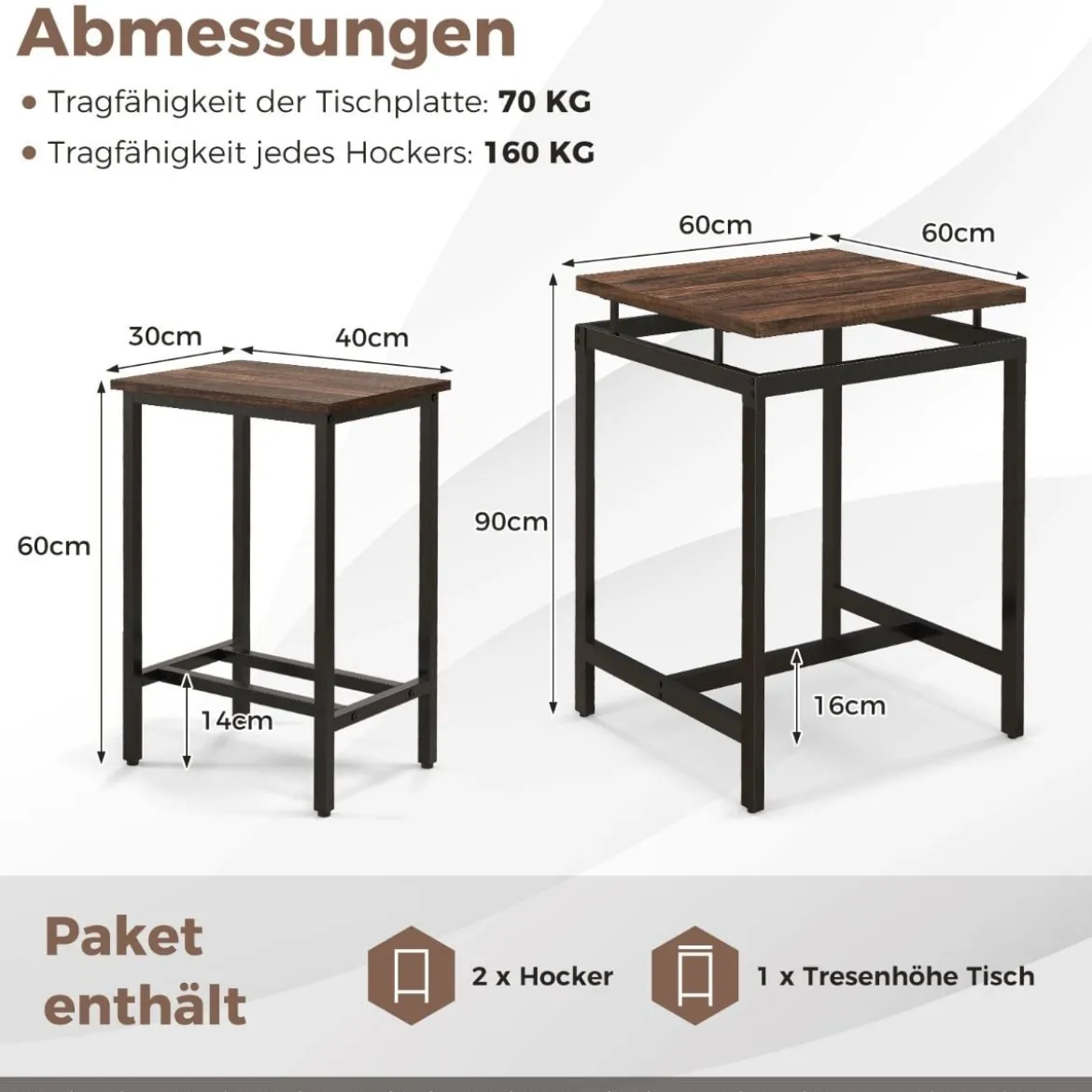 Bartisch mit Barhocker Set Küchentisch in Thekenhöhe Esstisch mit 2 Stühlen Rustikales Braun