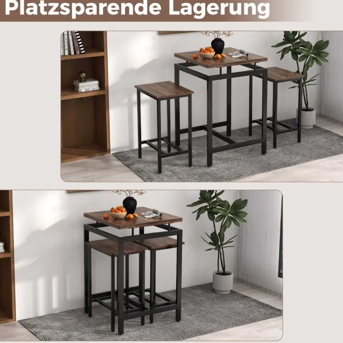 Bartisch mit Barhocker Set Küchentisch in Thekenhöhe Esstisch mit 2 Stühlen Rustikales Braun