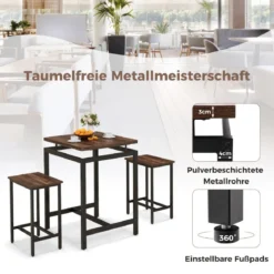Bartisch mit Barhocker Set Küchentisch in Thekenhöhe Esstisch mit 2 Stühlen Rustikales Braun