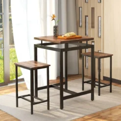 Bartisch mit Barhocker Set Küchentisch in Thekenhöhe Esstisch mit 2 Stühlen Rustikales Braun