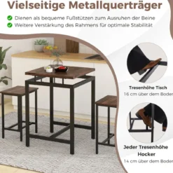 Bartisch mit Barhocker Set Küchentisch in Thekenhöhe Esstisch mit 2 Stühlen Rustikales Braun