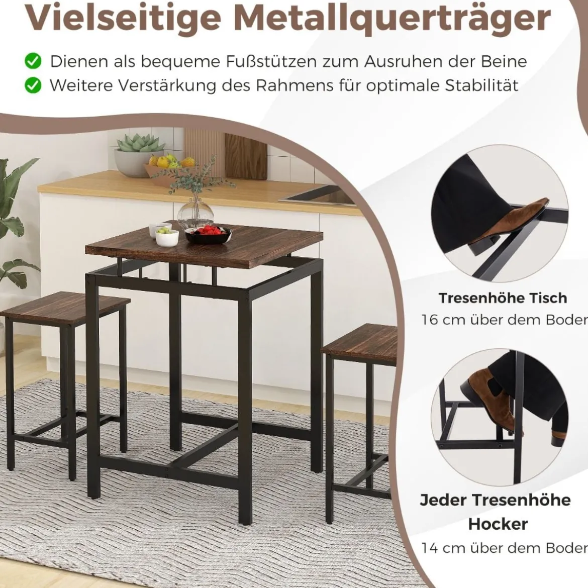 Bartisch mit Barhocker Set Küchentisch in Thekenhöhe Esstisch mit 2 Stühlen Rustikales Braun