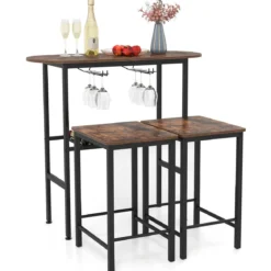 Bartisch mit Barhocker Set 2 Personen Bartisch Set mit Halterungen für Weingläser und Flaschen Vintage