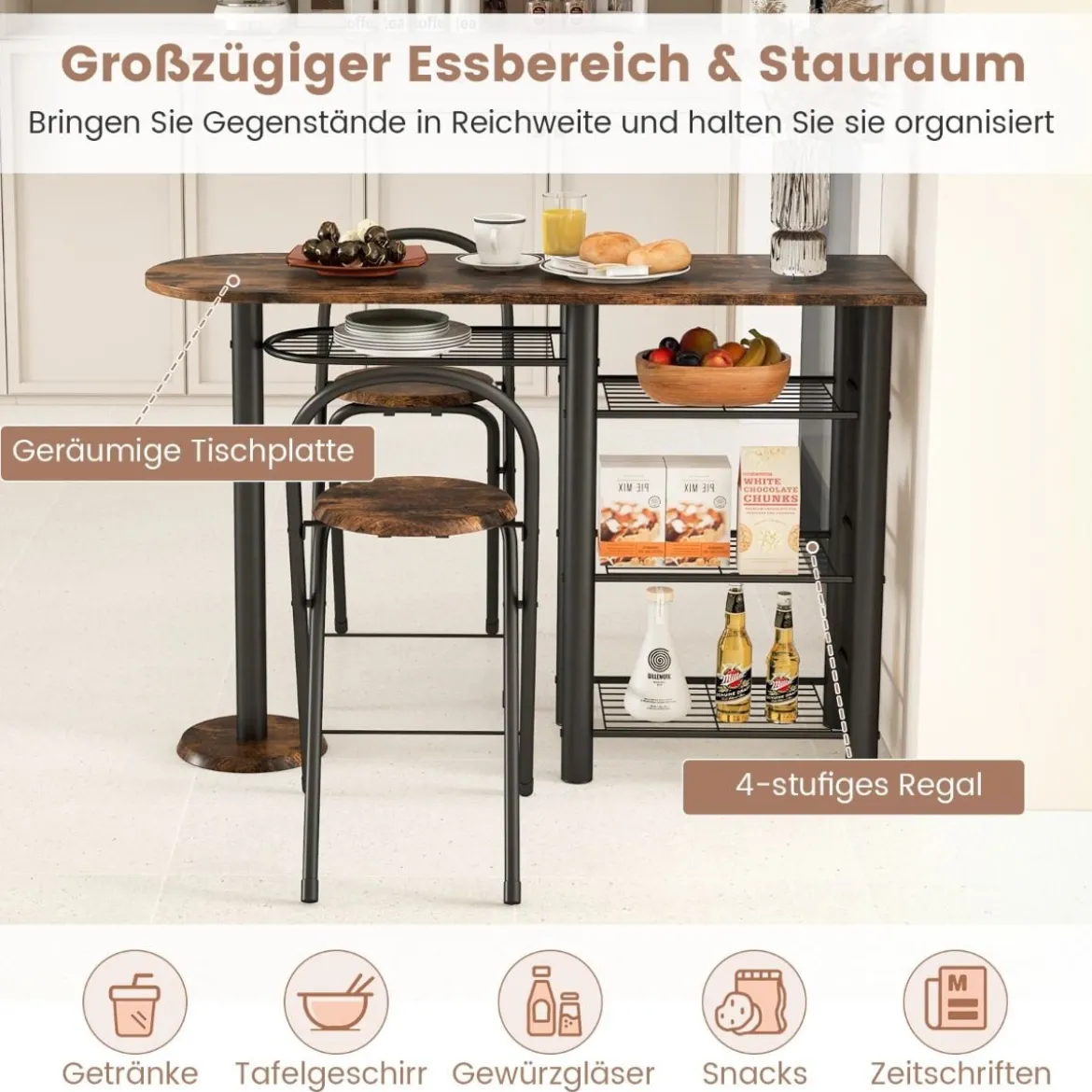 Bartisch mit 2 Klappbaren Barhockern & Regalen 2 Personen Küchentheke mit Regalen Vintagebraun