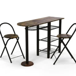 Bartisch mit 2 Klappbaren Barhockern & Regalen 2 Personen Küchentheke mit Regalen Vintagebraun