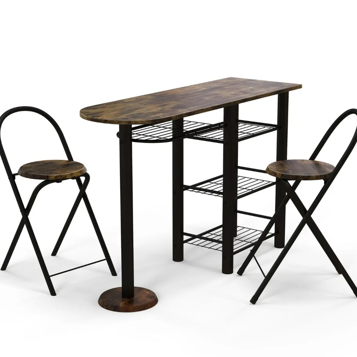 Bartisch mit 2 Klappbaren Barhockern & Regalen 2 Personen Küchentheke mit Regalen Vintagebraun