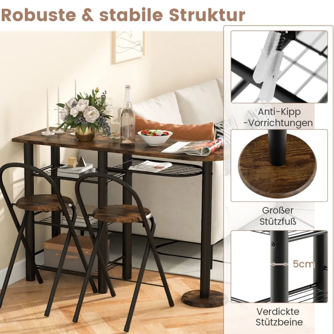 Bartisch mit 2 Klappbaren Barhockern & Regalen 2 Personen Küchentheke mit Regalen Vintagebraun