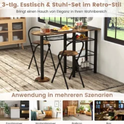 Bartisch mit 2 Klappbaren Barhockern & Regalen 2 Personen Küchentheke mit Regalen Vintagebraun