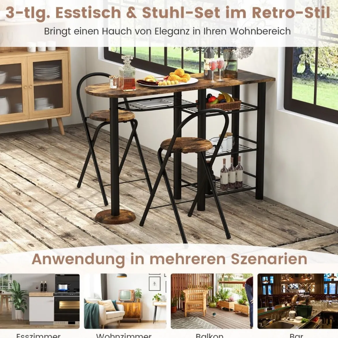 Bartisch mit 2 Klappbaren Barhockern & Regalen 2 Personen Küchentheke mit Regalen Vintagebraun