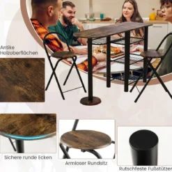 Bartisch mit 2 Klappbaren Barhockern & Regalen 2 Personen Küchentheke mit Regalen Vintagebraun
