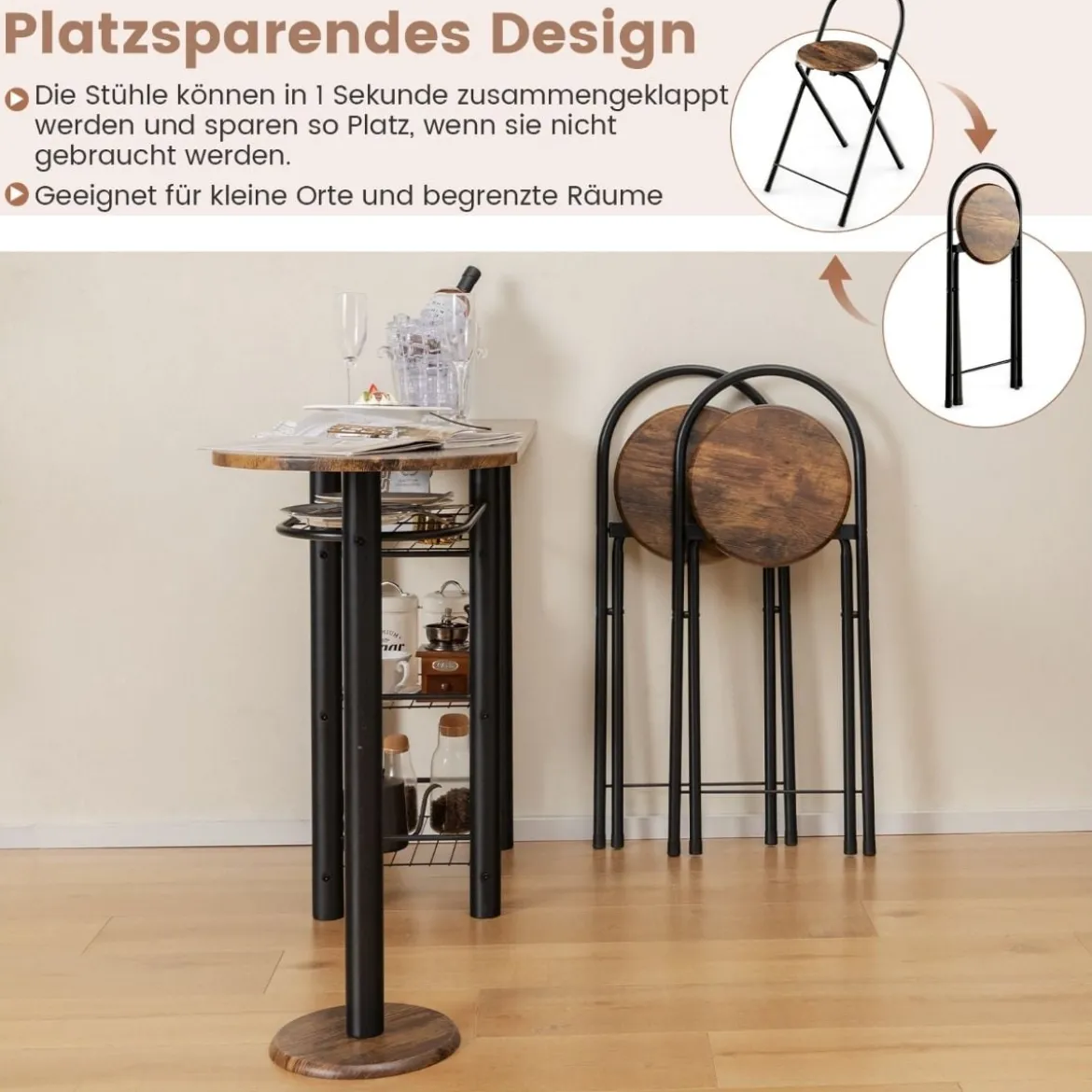 Bartisch mit 2 Klappbaren Barhockern & Regalen 2 Personen Küchentheke mit Regalen Vintagebraun