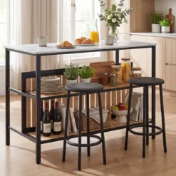 Bartisch Set 3-teilige Essgruppe in Edler Marmoroptik Stehtisch mit 2 Barhockern
