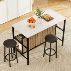 Bartisch Set 3-teilige Essgruppe in Edler Marmoroptik Stehtisch mit 2 Barhockern