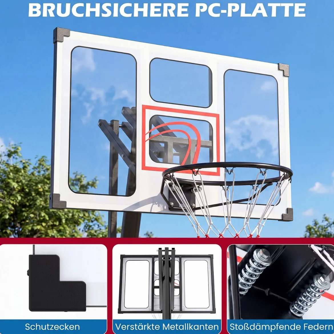 Basketballkorb mit Rollen 150-305 cm Höhenverstellbarer Basketballständer mit PC-Rückwand