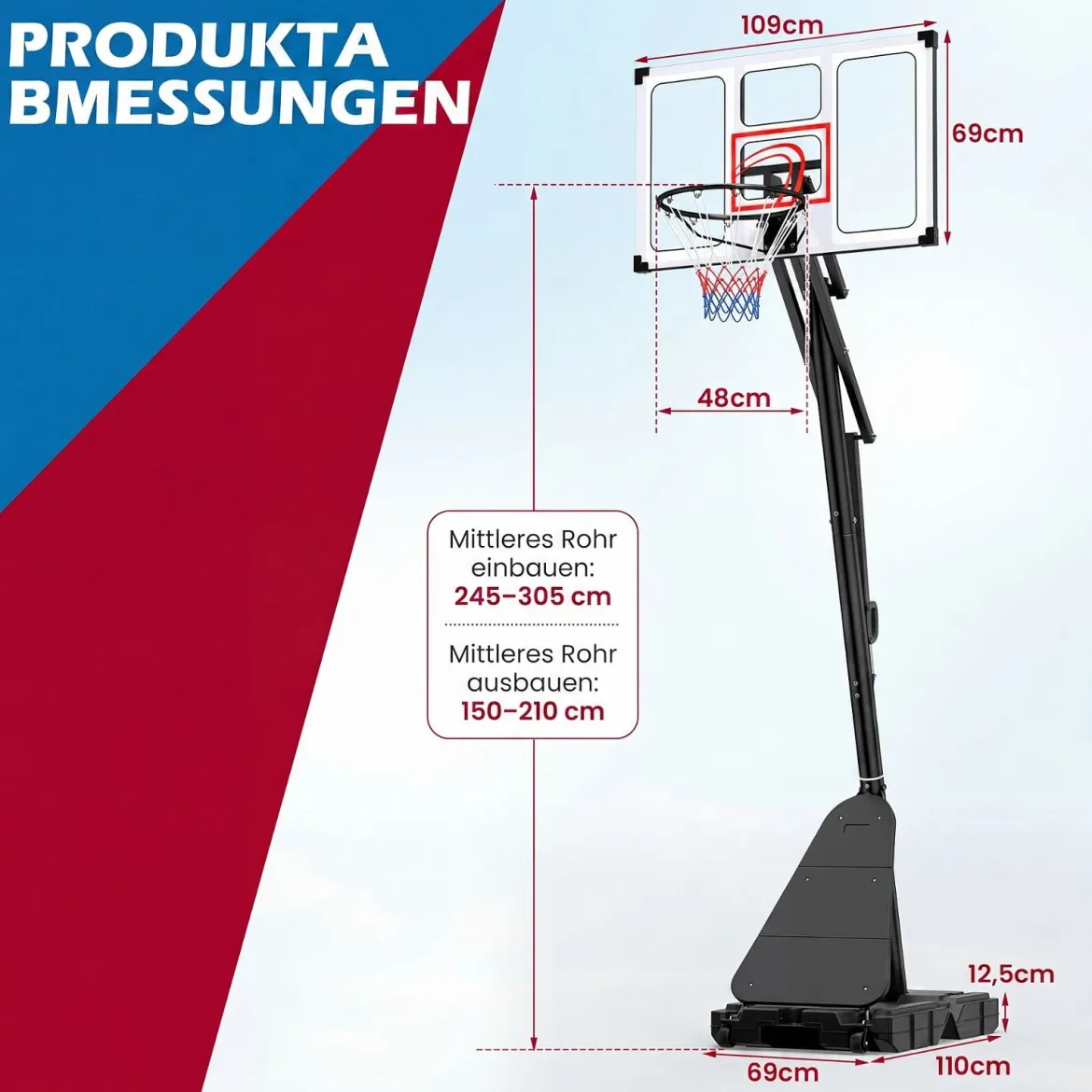 Basketballkorb mit Rollen 150-305 cm Höhenverstellbarer Basketballständer mit PC-Rückwand