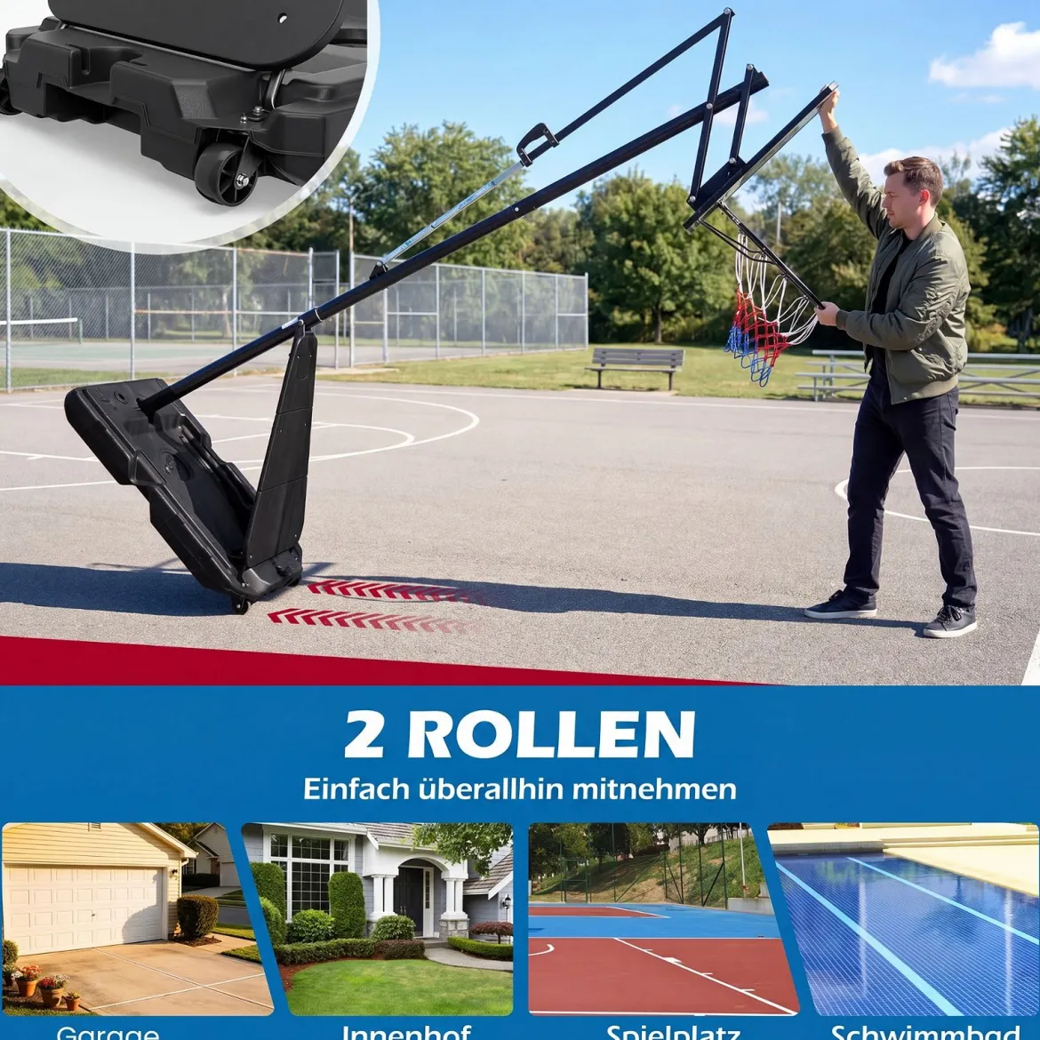Basketballkorb mit Rollen 150-305 cm Höhenverstellbarer Basketballständer mit PC-Rückwand