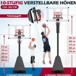 Basketballkorb mit Rollen 150-305 cm Höhenverstellbarer Basketballständer mit PC-Rückwand