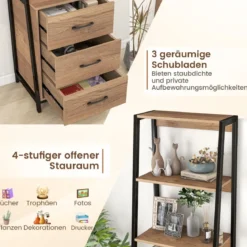 Bücherregal Büroregal mit 3 Schubladen & 4 offenen Regalen 51 x 40 x 175 cm Natur + Schwarz