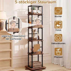 Bücherregal 360° Drehbares Standregal mit 5 Offenen Ebenen Freistehendes Aufbewahrungsregal mit Metallrahmen Braun