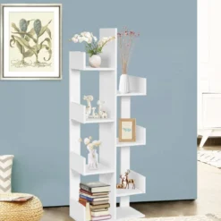 Bücherregal im Baumform mit 8 Fächern Standregal Aufbewahrungsregal 50 x 25 x 145 cm Weiß