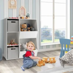 Bücherregal Kinder 3-stöckiges Kinderregal mit 2 Boxen & 5 Fächern 77 x 29 x 94 cm Weiß+Grau