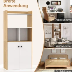 Bücherregal mit Doppeltürschrank 3-stöckiges Standregal mit Offenen Fächern 60 x 30 x 133 cm