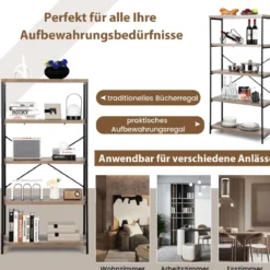 Bücherregal mit 5 Ebenen & Metallrahmen & Industrie-Design Standregal Büroregal Grau