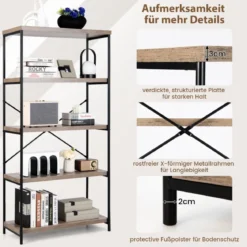 Bücherregal mit 5 Ebenen & Metallrahmen & Industrie-Design Standregal Büroregal Grau